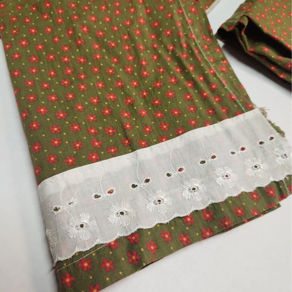 Handmade 1970s Green Red Flower Kitchen Window Curtain Set Cottage Farmhouse VTG